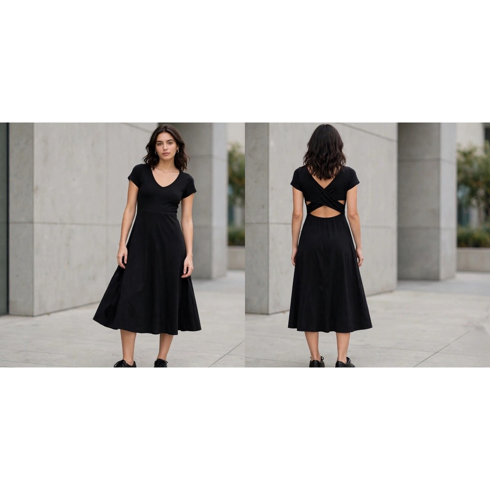 Pact Black Crisscross Open Back V-Neck Midi Dress Short Sleeve Small